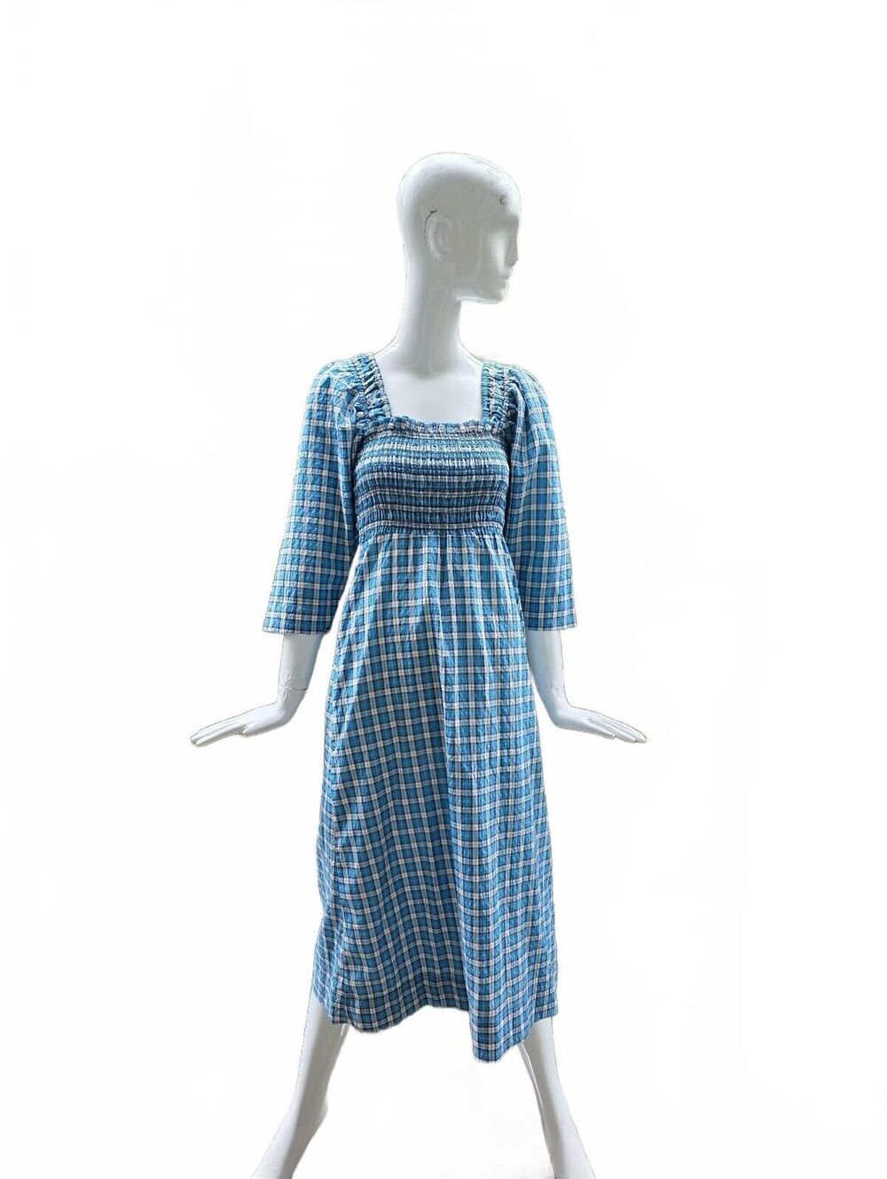GANNI Seersucker Check Smocked Midi Dress Blue Green Plaid Size 32 US 0